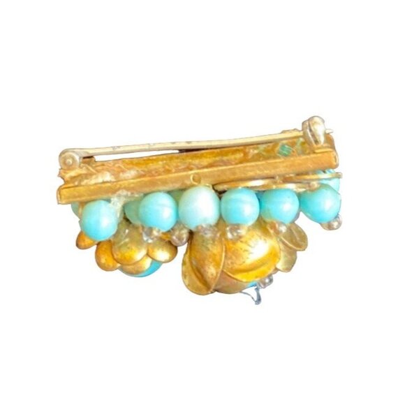 Vintage Gold & Turquoise Floral Bead Brooch Pin - Picture 3 of 4